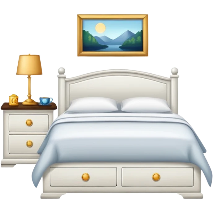 bedroom with white walls, bed, nightstand and dresser emoji