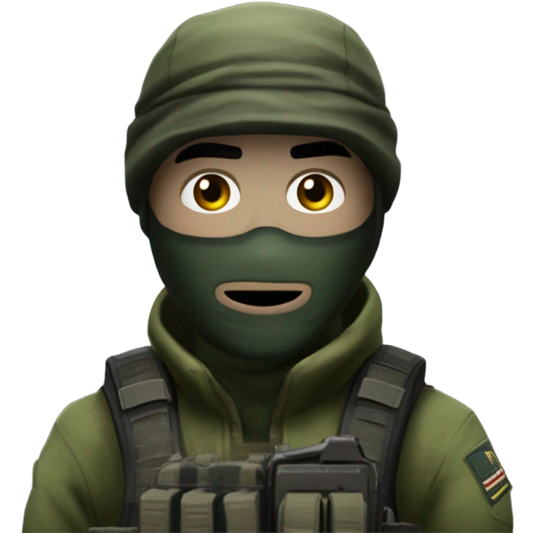 white male, pale skin, call of duty dark mask, green camo tactical gear, combat boots, black beanie, hazel eyes emoji
