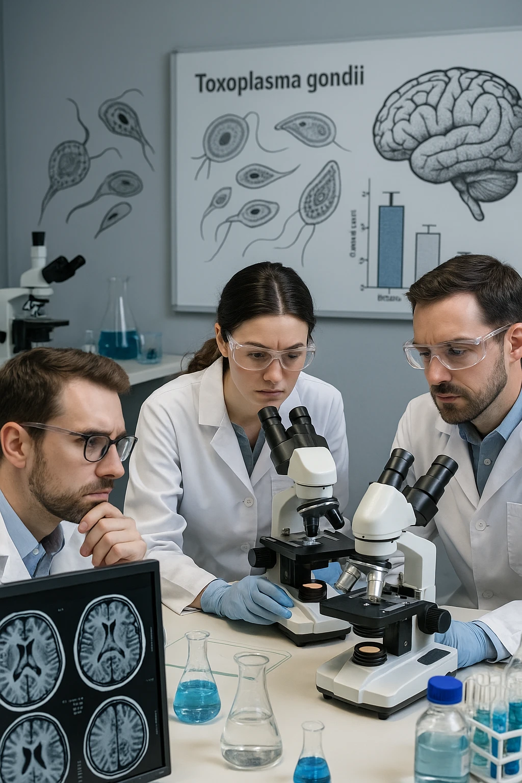 scienziati che studiano il toxoplasma gondii e le reazioni al cervello su umani emoji