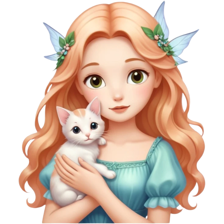 Dreamy beautiful fashion elegant cute shiny lady soft style kawaii beautiful hair fairy style holding a kitten emoji