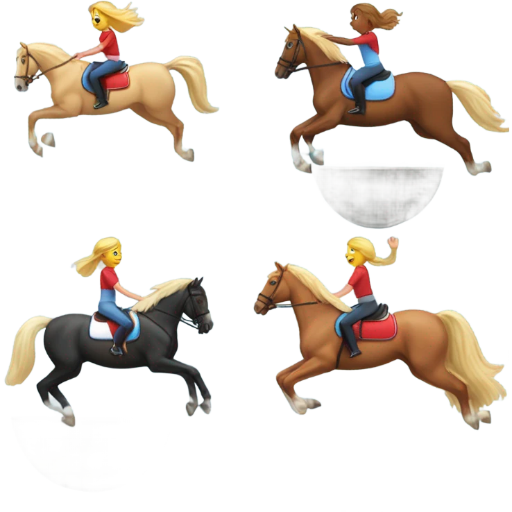 Red round horse with girl jumping over jump, horse wearing light blue saddle pad girl has blonde hair emoji