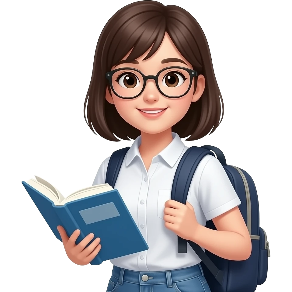 create a student, make it younger female with glasses put a book and bag emoji
