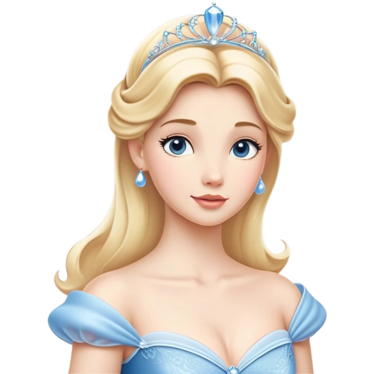 Cinematic Elegant Cinderella Portrait Emoji, rendered in a beautifully detailed, vector-style with minimal shading and bold, simplified shapes. Depict Cinderella in her classic ball gown (chest and above) with fair, porcelain skin and elegantly styled blonde hair, her eyes soft and kind, and her expression serene and graceful. The design glows with a gentle, enchanting radiance and high shine, capturing the timeless beauty of a fairy tale princess. emoji