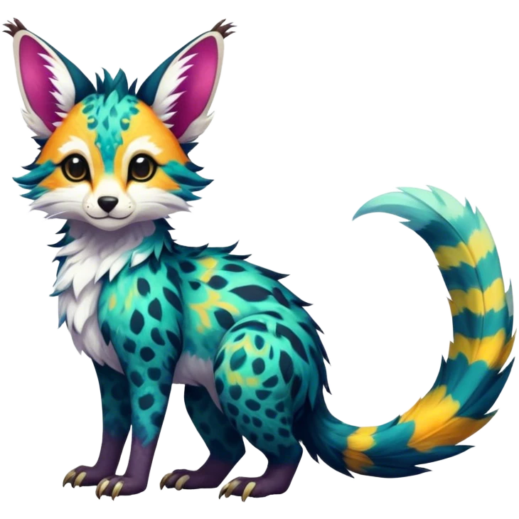 Feral Rare Fantasy vibrant colorful tropical Vernid-Trico-species by LiLaiRa, random markings, tufted tail, tufted ears, full body emoji