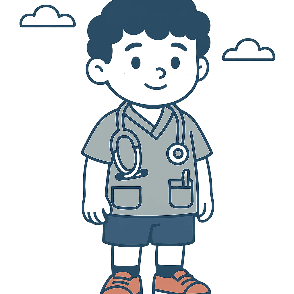 realistic yet stylized 2D character of a cute young boy doctor, around 8–10 years old, soft facial features, big expressive brown eyes, curly brown hair, light blue pediatrician short-sleeve shirt with front pockets (one with pen and tongue depressor), pink and silver stethoscope, blue knee-length shorts, red canvas sneakers with white soles, black socks slightly visible, soft lighting, vibrant colors, warm and friendly, wholesome, game character style for children's educational or hospital simulation games emoji