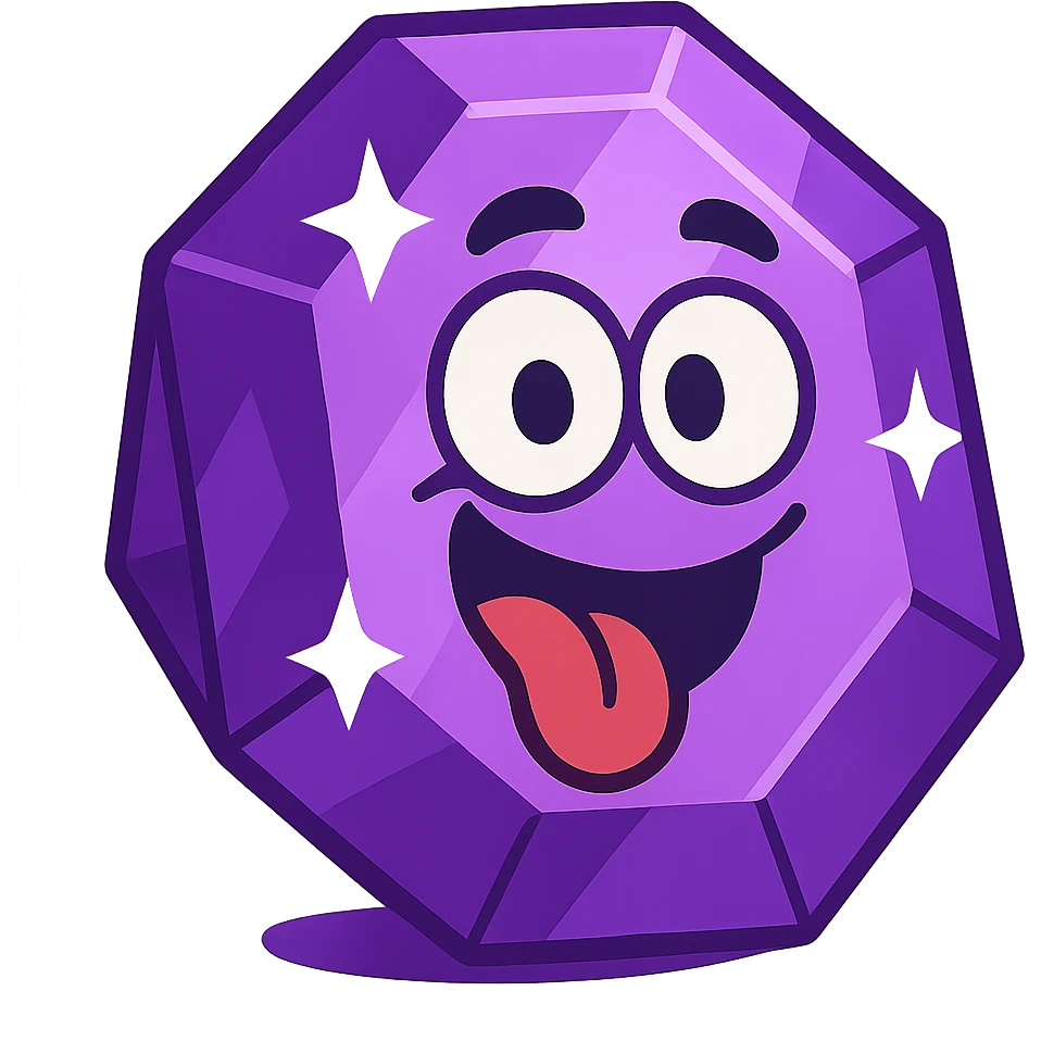 purple gemstone with a silly cartoon face, vibrant and shiny emoji