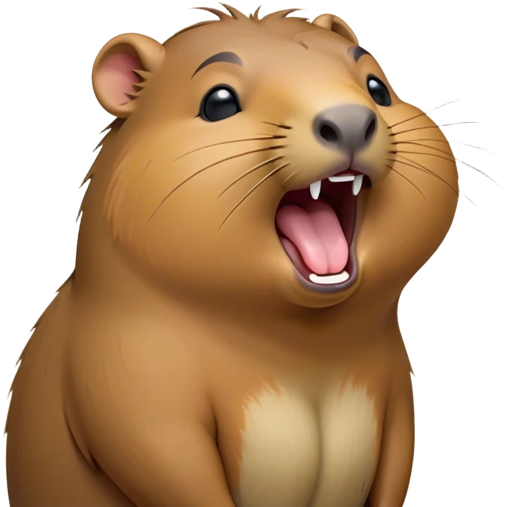 Cinematic Cute Yawning Capybara Portrait Emoji, Head tilted slightly with a dramatic, wide-open yawn, showcasing a plush, rounded body with a broad capybara head featuring a short snout and subtle, small ears, with drowsy, half-closed eyes and a relaxed expression, Simplified yet irresistibly adorable features, highly detailed, glowing with a soft, cozy natural glow, high shine, relaxed yet expressive, stylized with a dash of whimsical charm, soft glowing outline, capturing the essence of a drowsy yet affectionate capybara guardian that seems ready to stretch out for a nap! emoji