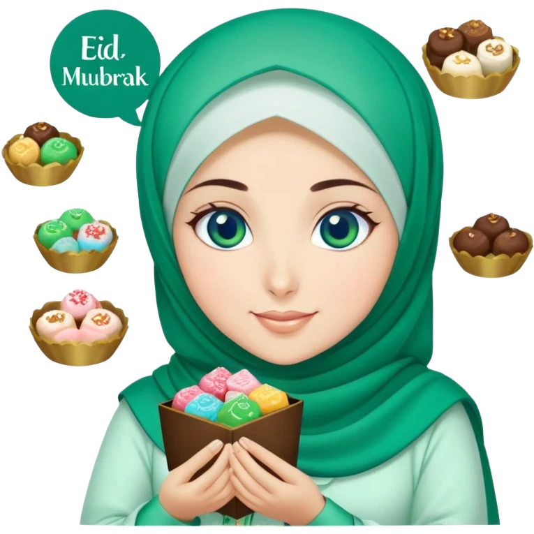 Turkish beautiful finish Konya girl blue eyes with green emerald hijab islamic dress and had on her hand text Eid Mubarak with sweets and celebrating with her friends eid days   emoji