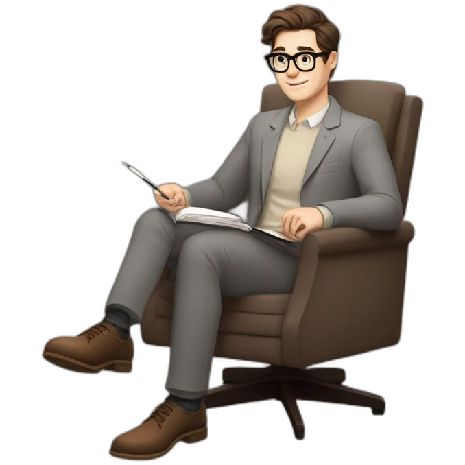 Pale skinned Fit Man With dark brown hair in gray jacket, beige office shirt, Brown pants and vintage glasses sitting In a soft chair with a notebook on spring with emblem Ψ and a pen emoji