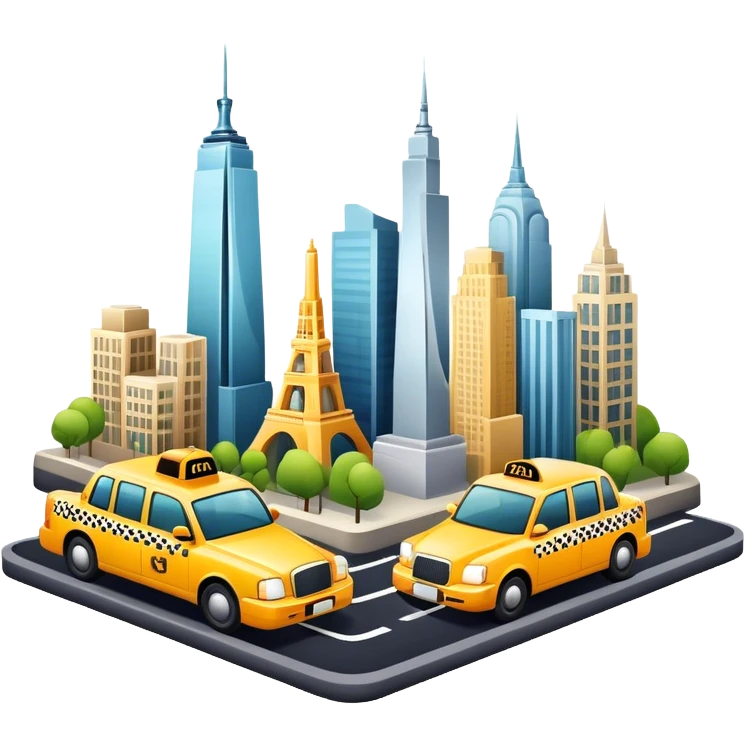 Icon for Urban Tourism: a skyline with iconic city landmarks, like skyscrapers, a subway and a taxi, with travel accessories like a camera and map. The icon should represent the excitement of exploring urban environments. Transparent background. emoji