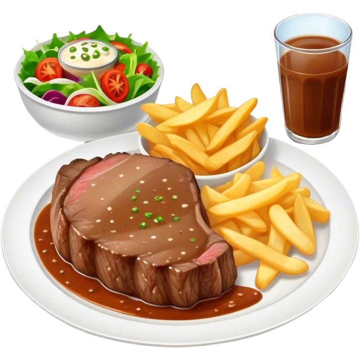 big juicy australian steak meal featuring chips, small salad in a ramikan and gravy in a small bowl on the plate emoji