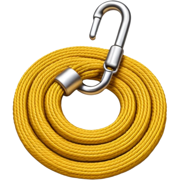 A 3D cartoon coiled climbing rope with a carabiner, golden color, resting on a rocky surface, realistic soft shadows, Memoji-style rendering. negative : Flag. emoji