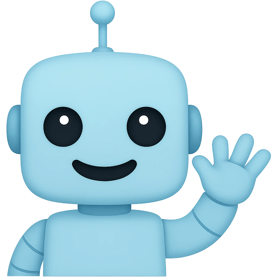 Create a transparent PNG of a cute light blue (#b0f2f8) robot with an antenna on its head, waving, in the style of an Apple emoji. Remove the background and keep the robot's light blue color and cute features. emoji