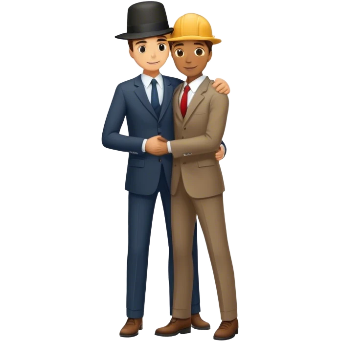 man in suit with tall hat hugs worker full height emoji
