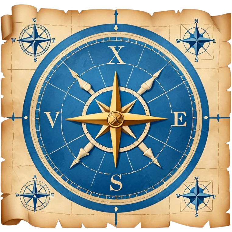 blue blueprint with white lines and treasure map elements including X mark, dotted path, compass rose emoji