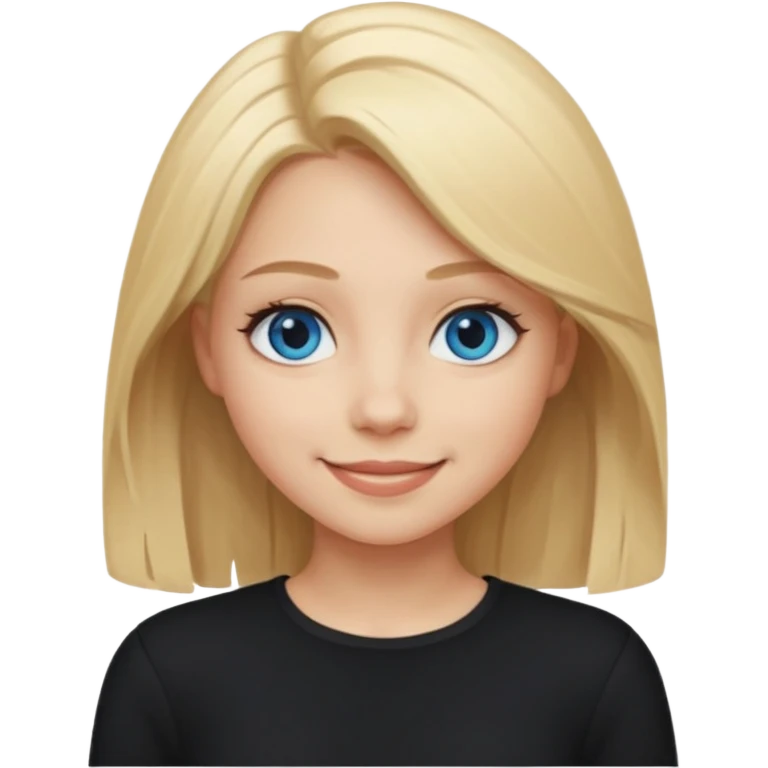 a new character a girl with shoulder length blonde hair wearing black clothes and wearing a cheeky smile she has blue eyes emoji