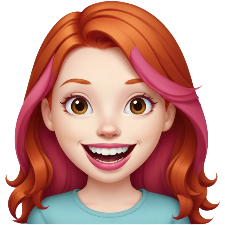Young girl with pale skin, full pink lips smiling with big teeth, ginger red hair (very long), bigger nose, deep brown eyes (less green), big mouth emoji