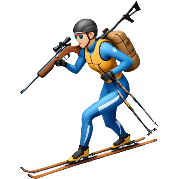 An icon featuring a biathlete skiing along a winding trail with a rifle on their back, surrounded by a beautiful snowy landscape with mountains and pine trees. A target range appears in the distance. Transparent background highlights the blend of endurance, precision, and winter beauty. emoji