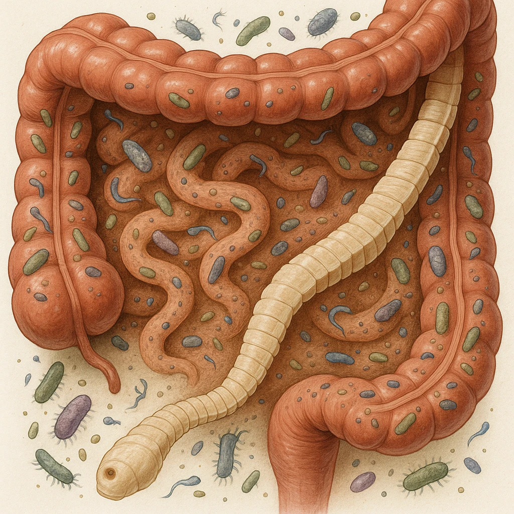 a medical illustration of a human realistic gut with bacteria and parasyte (tenia) realistic  emoji
