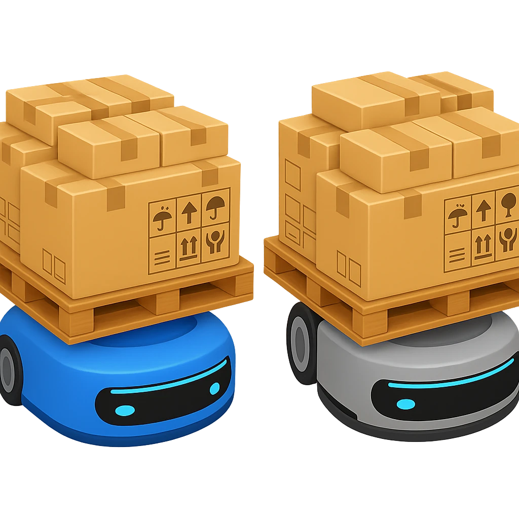 Two Automated Guided Vehicles (AGVs) side by side, top view, each carrying fully loaded pallets with many boxes. The AGVs should have different colors, for example blue and gray. The style should resemble Apple emoji style with a transparent background. emoji