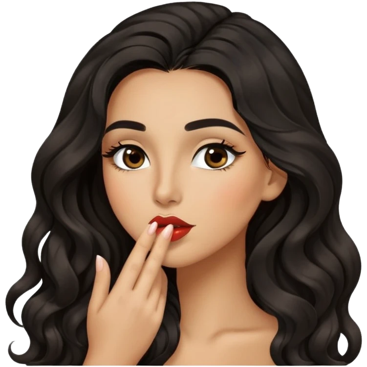 woman with olive skin, brown eyes and long lashes, and long black wavy hair giving a kiss emoji
