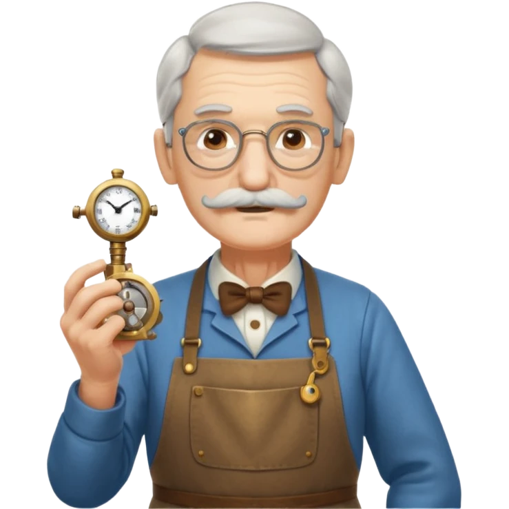 A gentle elderly inventor with tidy mustache, apron, and miniature clockwork device.
 emoji