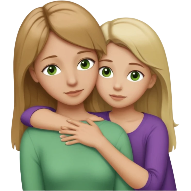 Mom daughter hugging, mom has light brown hair to collarbone and green eyes and is white with tan skin, daughter has dirty blonde hair to upper back with hazel eyes and is white with tan skin emoji