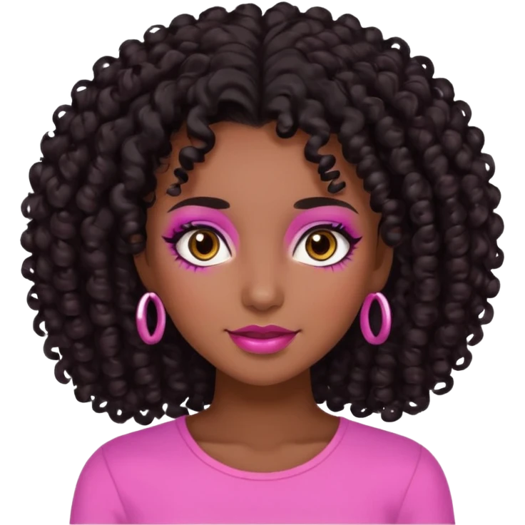 emoji of a young woman with dark brown skin, abundant curly black hair, brown eyes, pink-toned makeup, friendly expression emoji