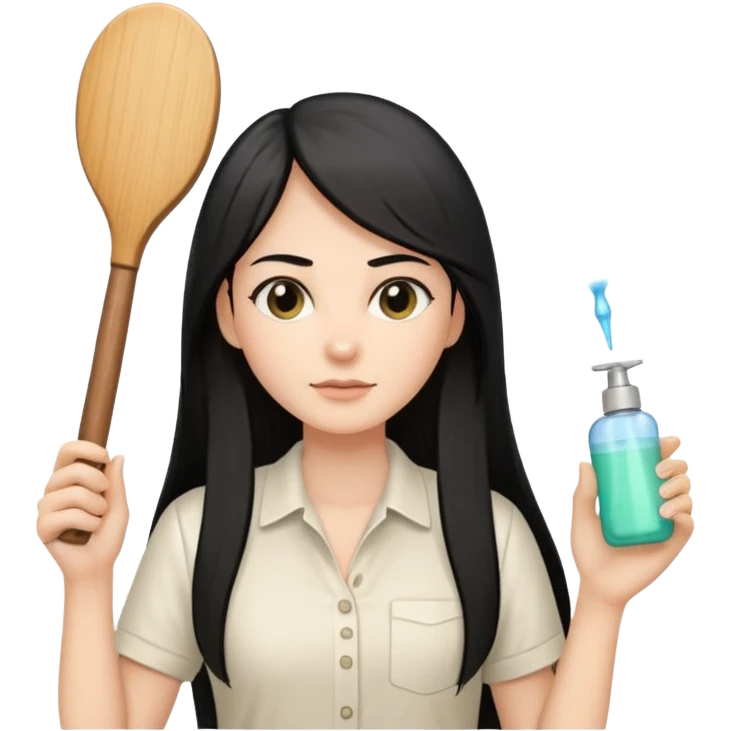 A white woman with long, straight black hair, wearing an ivory-colored shirt, holding a wooden paddle hairbrush in her left hand and spraying a hair mist bottle with her right hand toward her hair. emoji