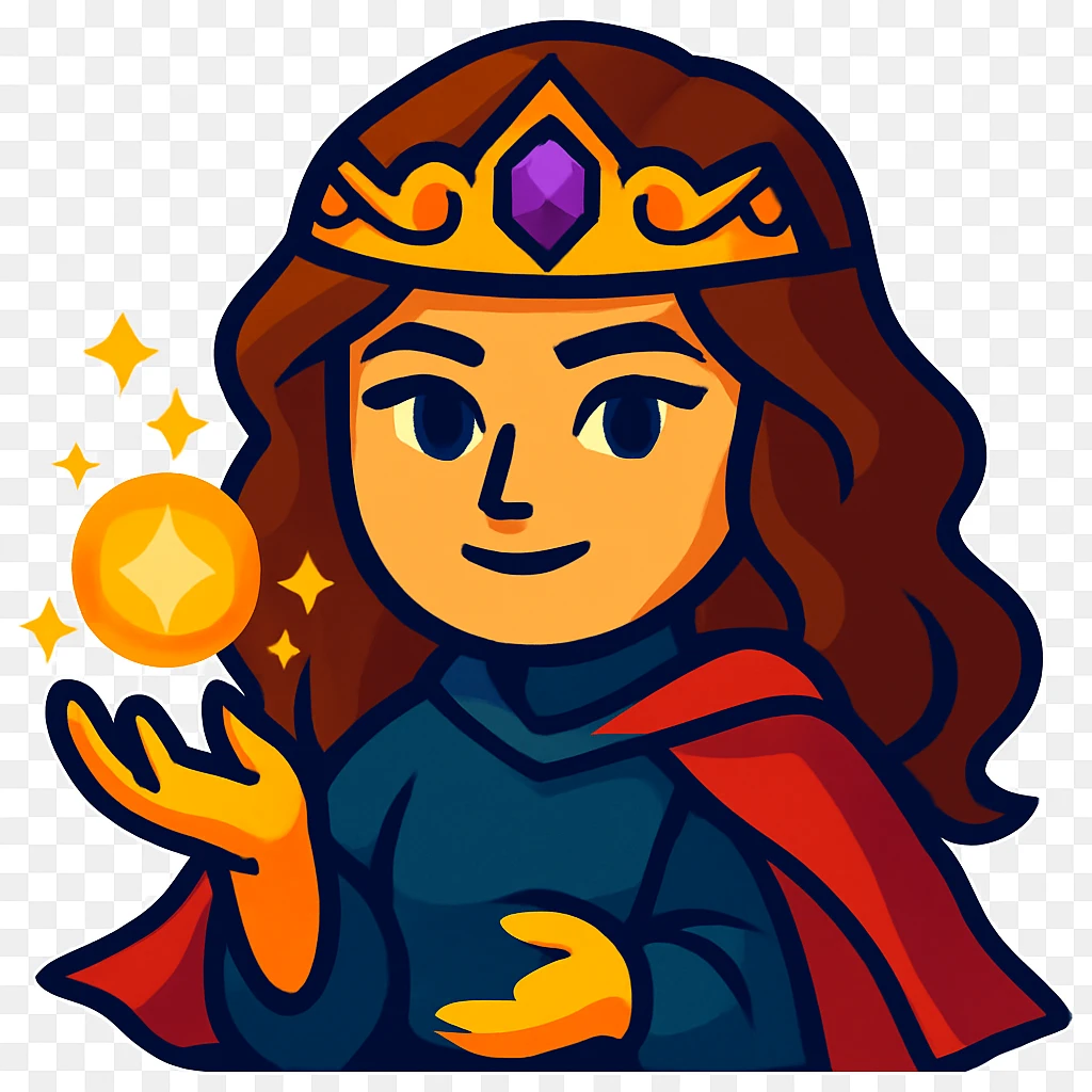Transform this person into an enchanted character emoji with a jewel-studded tiara, glowing hands, and a flowing red cape. Vibrant colors emoji