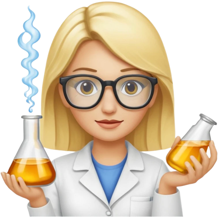 Eine hellblonde Chemikerin mit typischem Erlmeyerkolben in der Hand und Laborbrille auf emoji