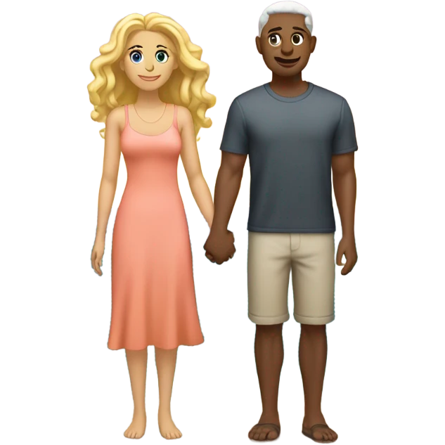 Man short salt and pepper hair holding hands with beautiful woman long bright blonde colored hair both on beach watching oceans waves and sunset  emoji