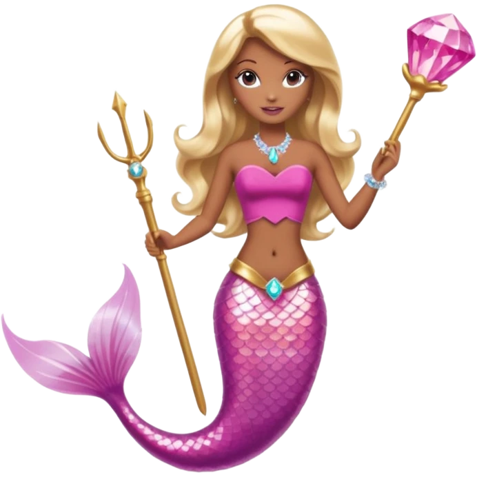 Brown skin blonde hair barbie mermaid with pink diamond tail and wand  emoji