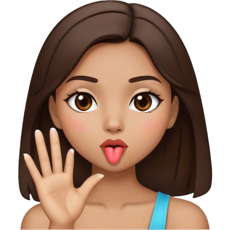 brunette girl, a tone not so dark but not so light, with straight dark brown hair who is blowing a kiss emoji