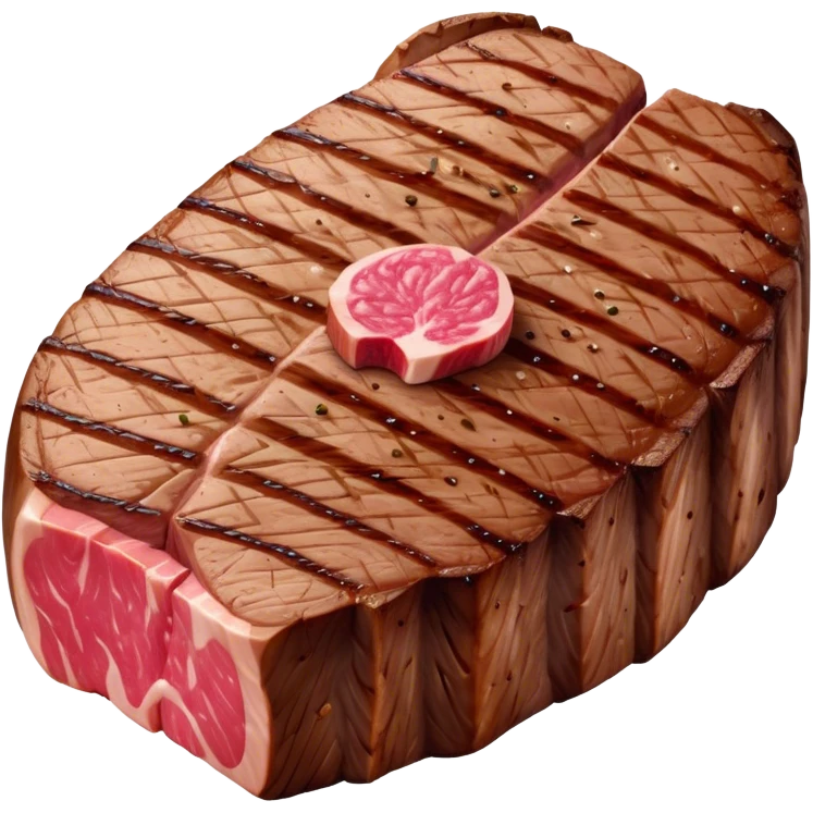 Cinematic thick-cut steak, perfectly seared with grill marks, a juicy pink center, rich and savory, warm glow, sizzling and mouthwatering, highly detailed and appetizing. emoji