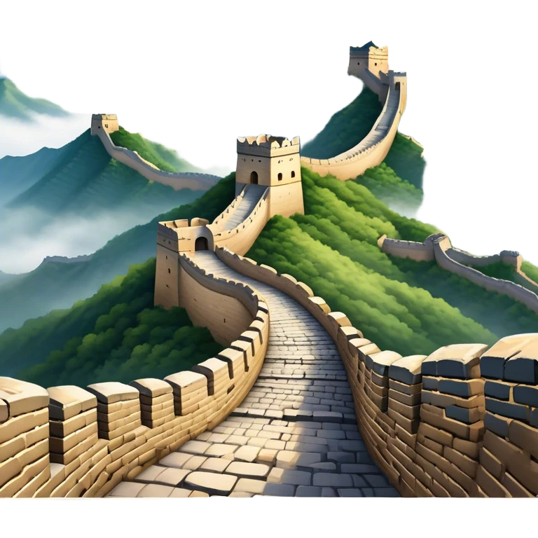 Cinematic Realistic Great Wall of China Landmark Emoji, depicted with ancient stone pathways winding over rugged mountains, watchtowers punctuating the misty landscape, and soft golden sunlight casting dramatic shadows. emoji