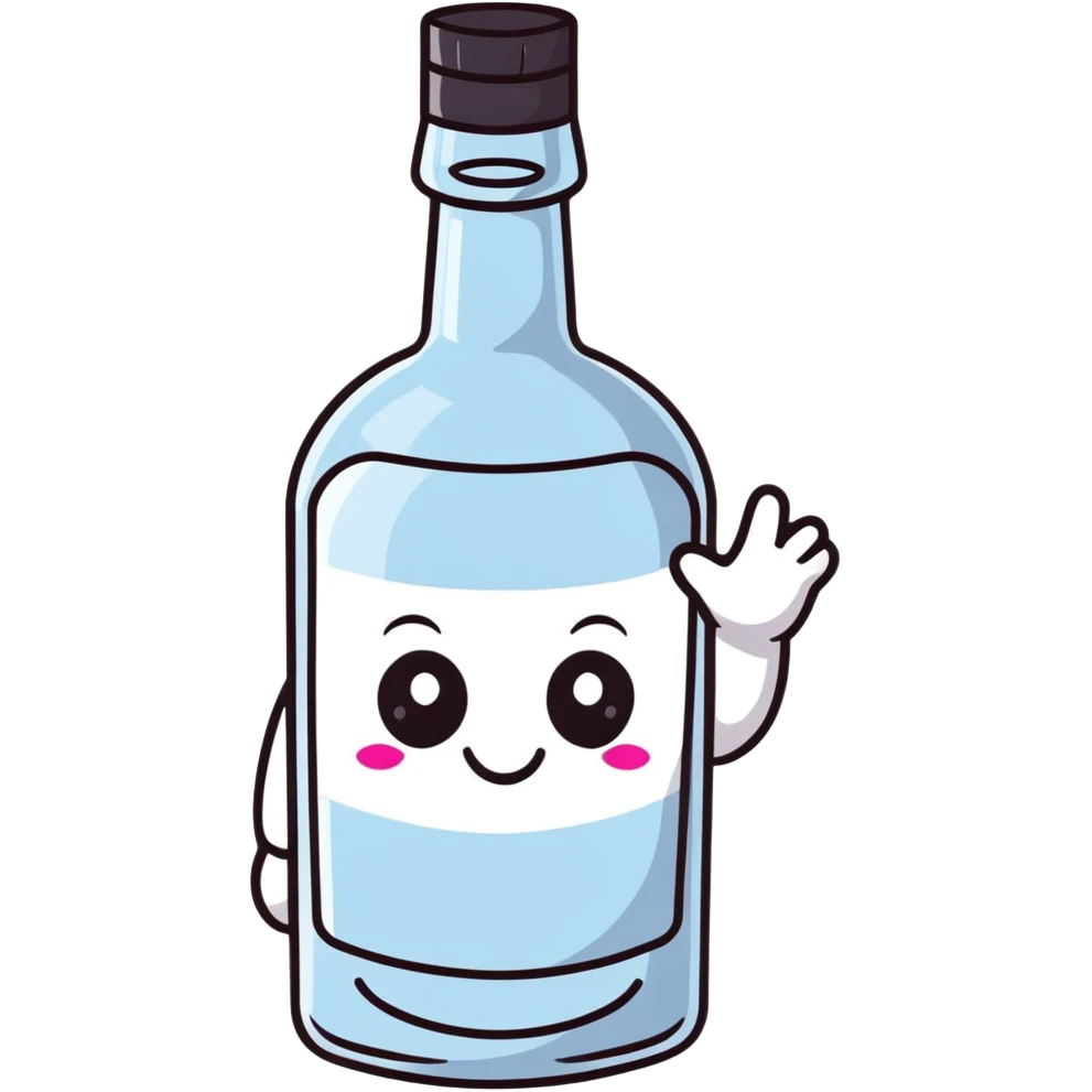cartoon vodka bottle character with eyes, smile, arms and legs emoji