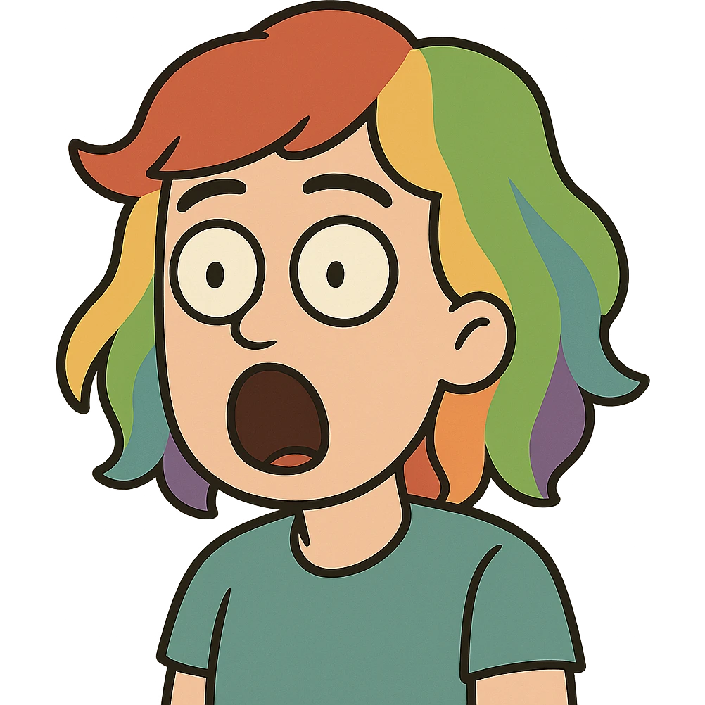 flat toon style cartoon face gasping with a colorful wig emoji