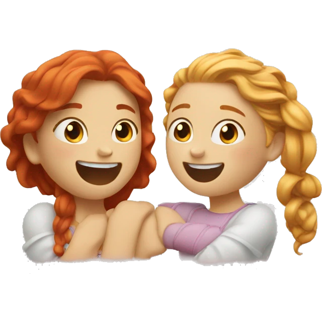 Two girls, one is redhead, the other is blonde, they hug and laugh emoji