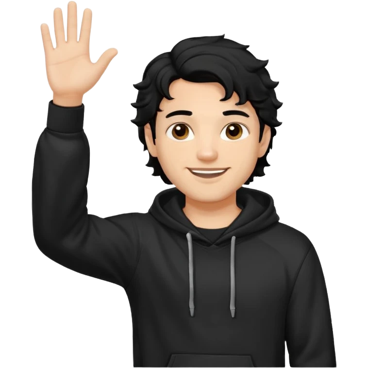 Now create man waveing with one hand with little bit wavey dark black hair with black hoodie on and make him light skin. his haircut is mid fade with hair on his forehead emoji
