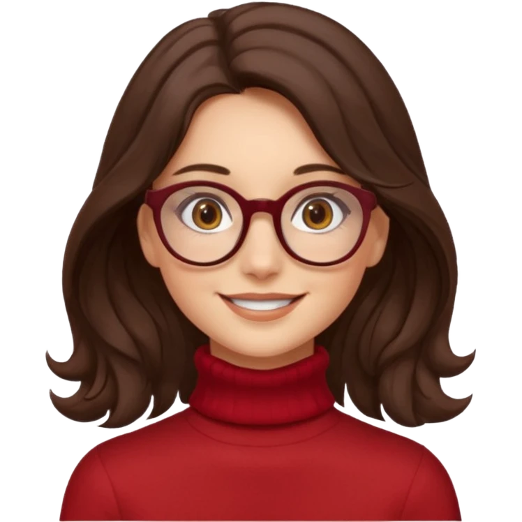 A girl has fair skin wavy dark brown hair, has glasses and almond brown eyes wears red turtle neck has long hair and so pretty emoji