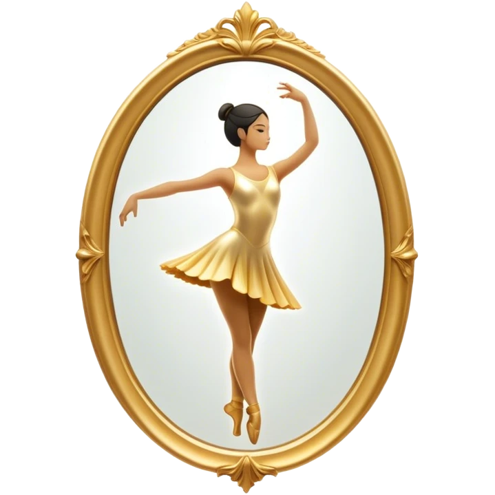 Cinematic Realistic Mirror, a large, ornate mirror reflecting a dancer’s poised silhouette, soft golden light creating depth, slight smudges on the glass adding realism, glowing with a timeless and artistic presence. emoji