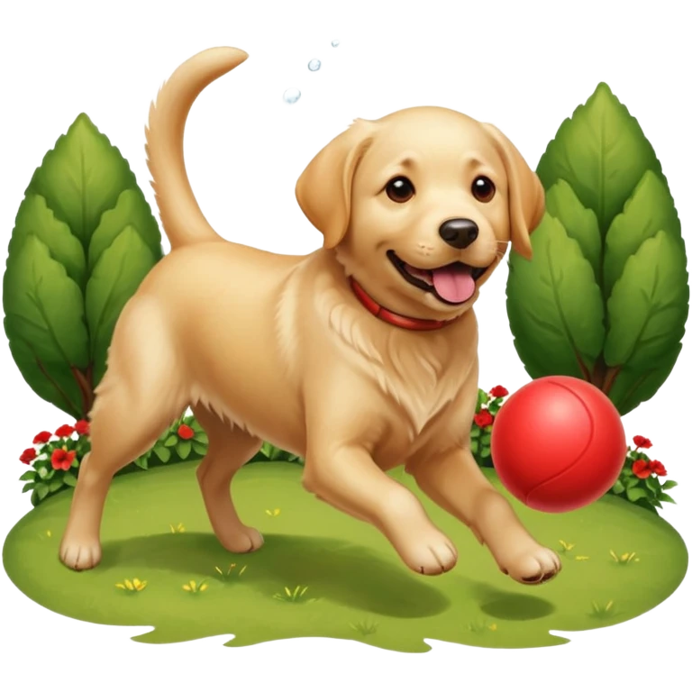 A Labrador Retriever playing fetch with a ball in a backyard garden, mid-action with joyful expression. Natural sunlight, realistic motion blur, outdoor realism. emoji