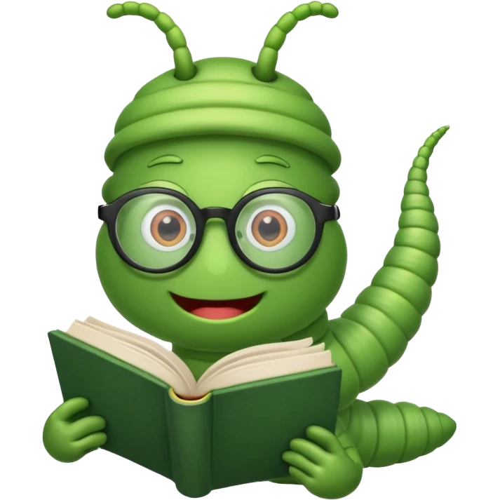 green Worm with glasses reading book emoji