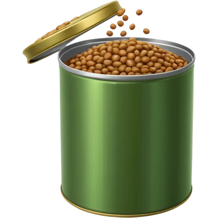 glossy pile of brown-green cooked lentils inside an open tin can, moist and shiny, soft rounded shapes, a few lentils spilling near the edge, no spoon, no label, no garnish, soft lighting, subtle shadows, transparent background, emoji scale emoji