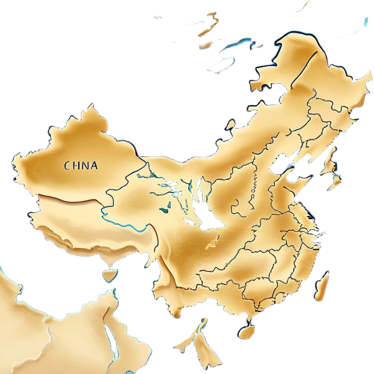 Cinematic-realistic outline of china, featuring its distinct landmass with accurately defined coastlines. The deep blue ocean surrounds the golden-brown continent, with subtle topographic shading to highlight its terrain. A soft glowing effect enhances the edges, making the shape stand out against a neutral, textured background. emoji