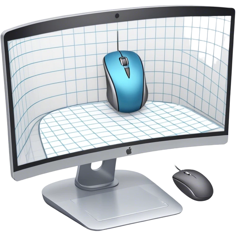 Create an emoji for 3D visualization and modeling. Show a 3D object like room model with grid lines on a big curved monitor. Add a modeling tool a mouse and stylus. Use modern, professional colors. Do not include any emojis or smiley faces. Make the background transparent. emoji