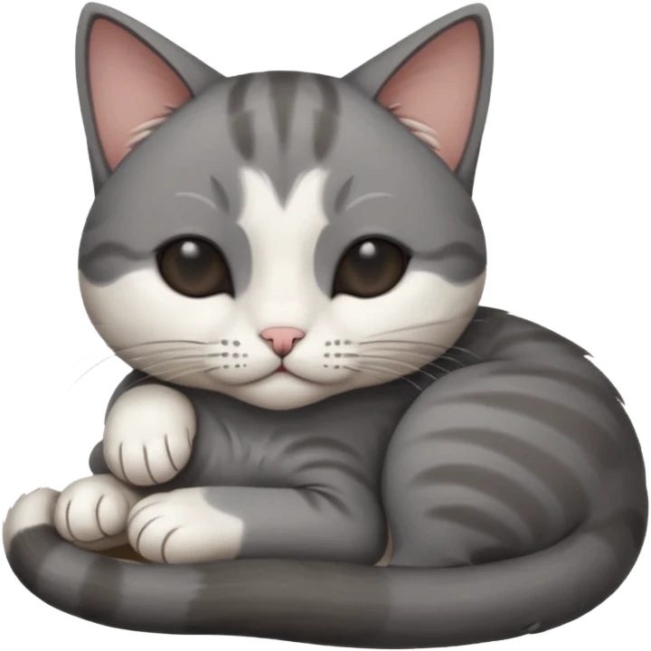 dark grey and white small cat with his eyes closed, leaning his head on his paw while leaning on his elbow lying down emoji