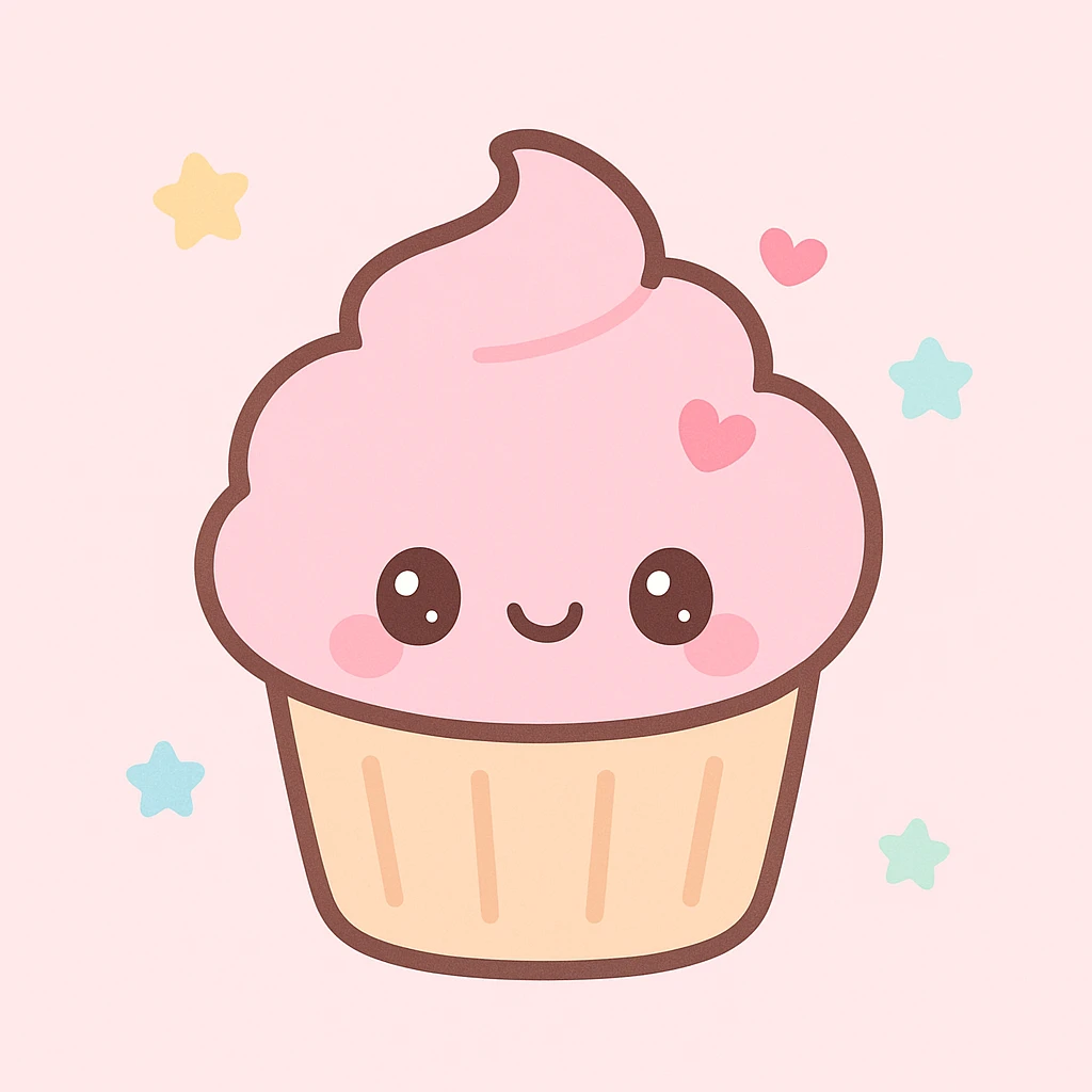 cupcake with pink icing, cute face, pastel colors, kawaii style emoji