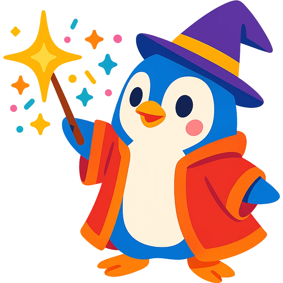 cute penguin wizard casting a spell, wearing a robe and holding a wand, magical sparkles around, vibrant toon style, cartoonish, colorful, playful emoji